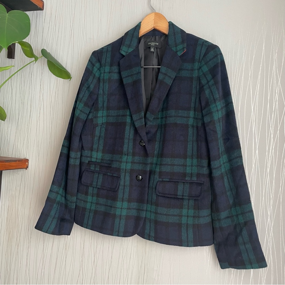 Talbots Green Tartan Plaid Wool Blend Blazer 12 Petite - Picture 2 of 11